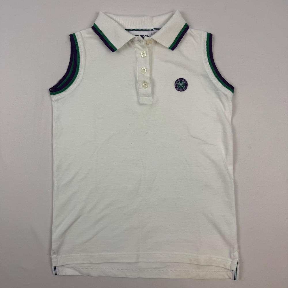 Wimbledon Kids Sleeveless Polo Shirt White Cotton Tennis Top Size 8-10 Years